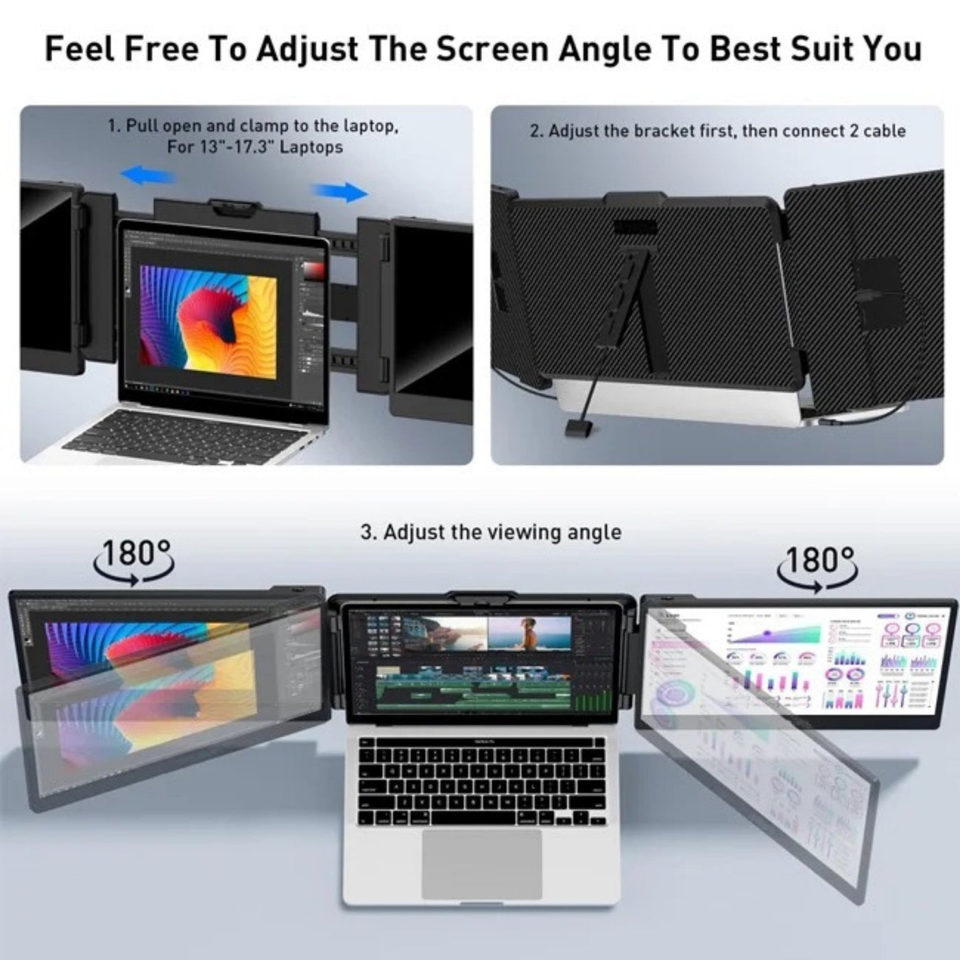 12” FHD Portable Dual Laptop Monitor IPS Triple Screen Extender Built-in Stand and Speakers | All Devices Compatible S2 Mini | Technical Support in 90 Min