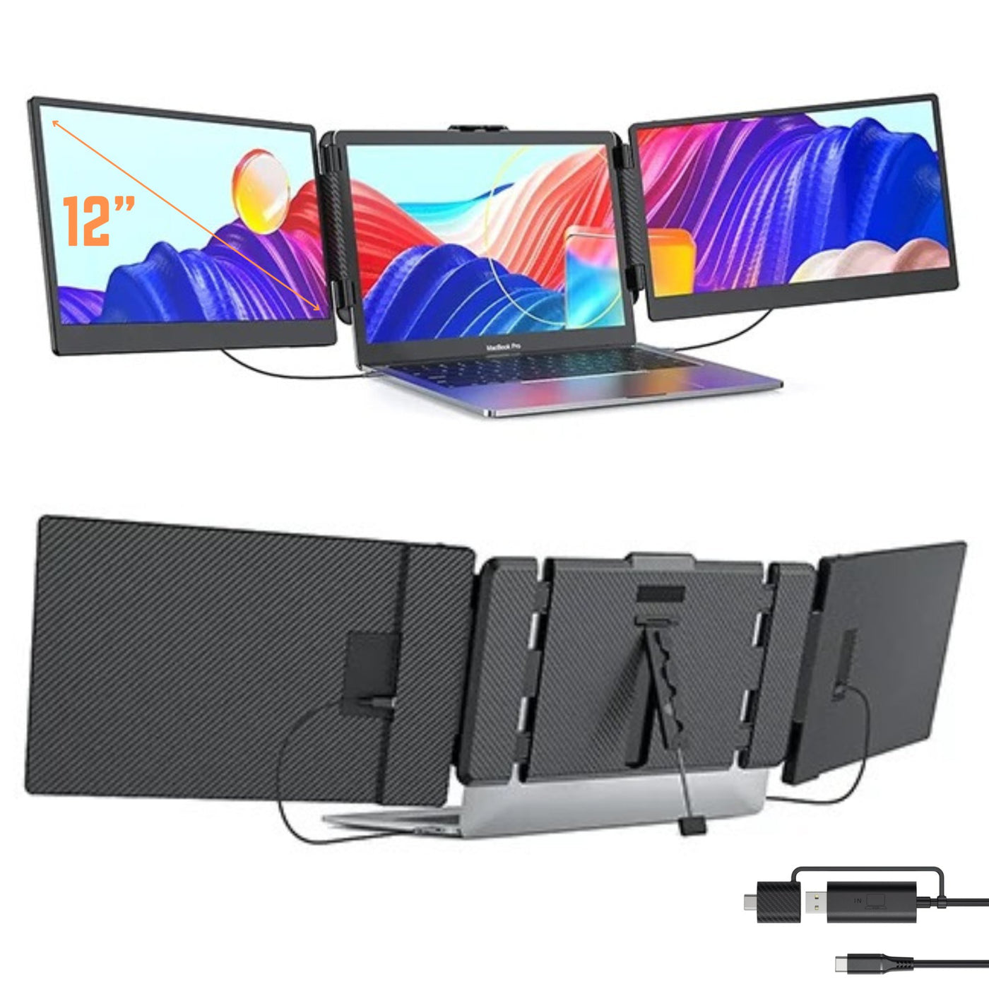 12” FHD Portable Dual Laptop Monitor IPS Triple Screen Extender Built-in Stand and Speakers | All Devices Compatible S2 Mini | Technical Support in 90 Min