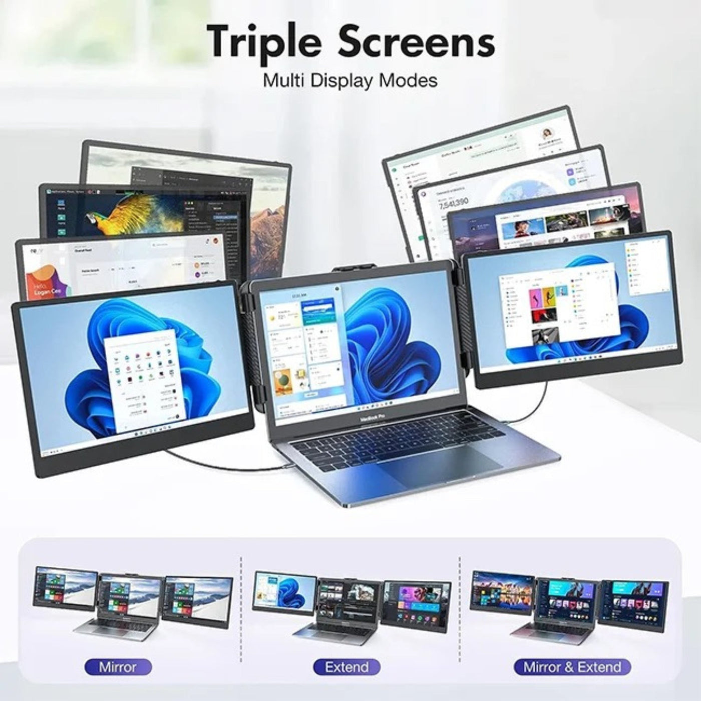 12” FHD Portable Dual Laptop Monitor IPS Triple Screen Extender Built-in Stand and Speakers | All Devices Compatible S2 Mini | Technical Support in 90 Min