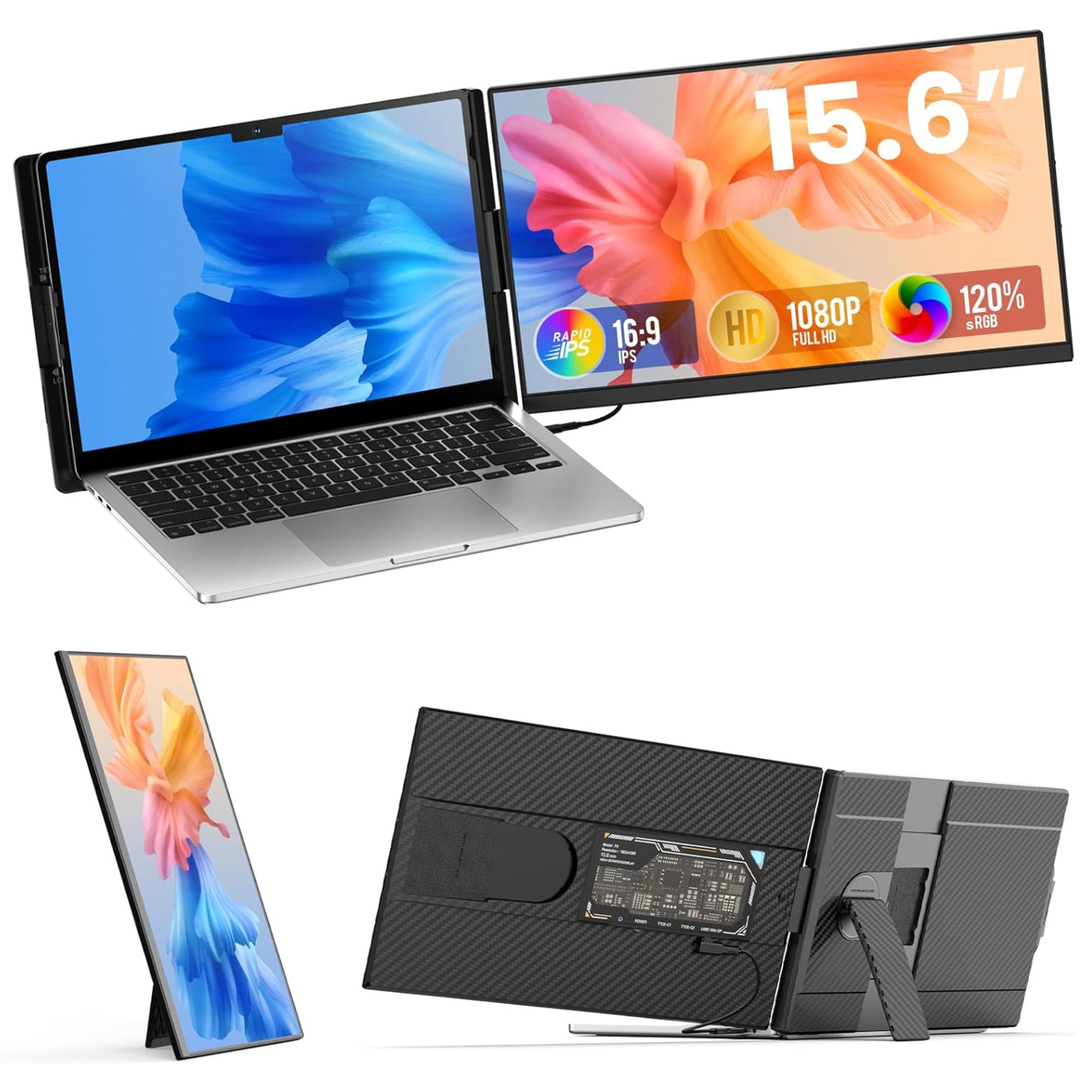 15.6” FHD Single Portable Laptop Monitor IPS Dual Screen Extender | Flexible 3 Position | Built-in Speakers | All Devices | P5 Upgraded Technology | Technical Support 90 Min