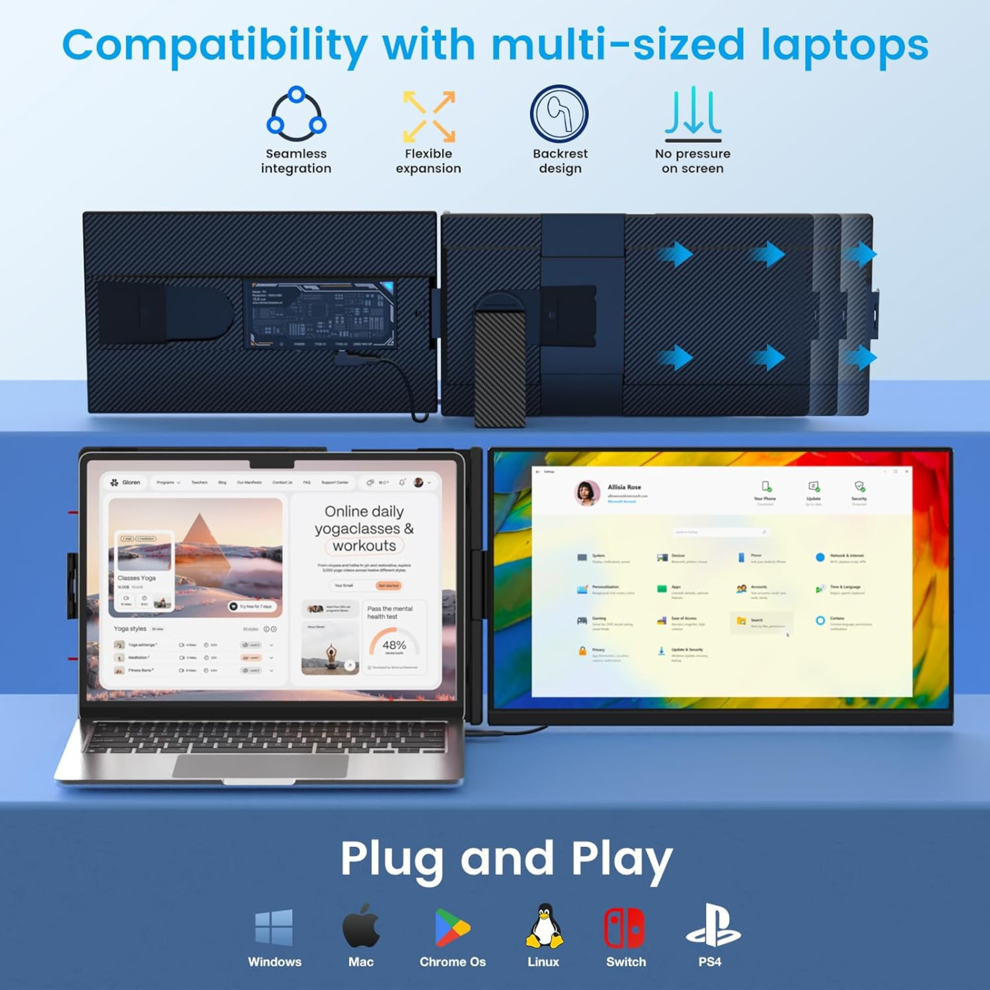 15.6” FHD Single Portable Laptop Monitor IPS Dual Screen Extender | Flexible 3 Position | Built-in Speakers | All Devices | P5 Upgraded Technology | Technical Support 90 Min