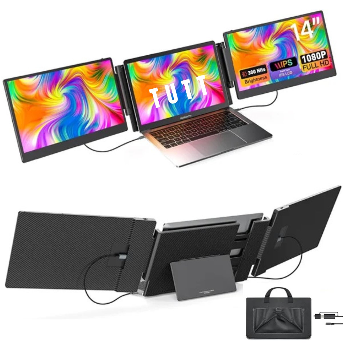 TUTT 14” FHD Dual Portable Laptop Monitor IPS Triple Screen Extender Built-in Stand and Speakers | All Devices Compatible | S3 | Technical Support in 90 Min