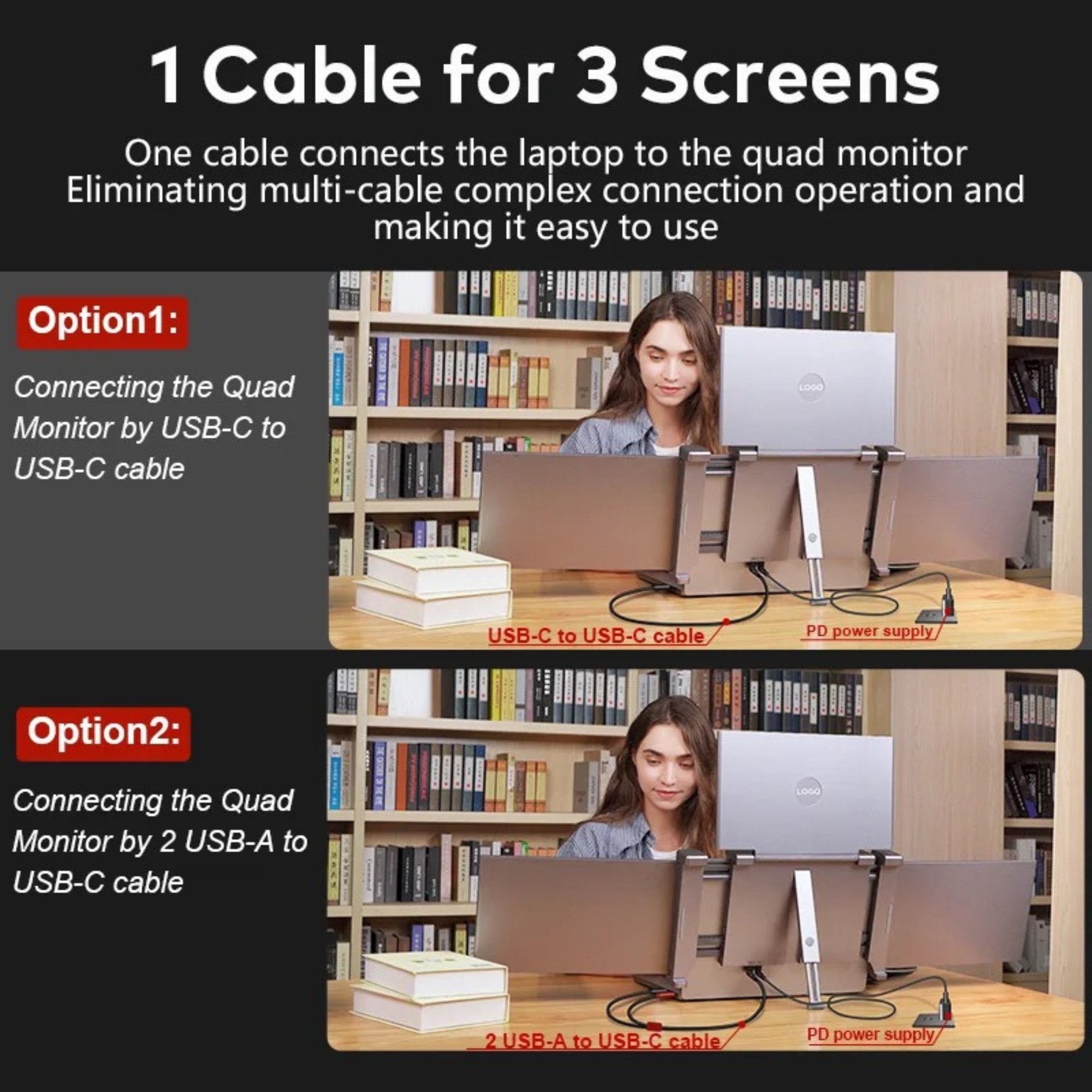 TUTT 14” Triple Portable Laptop Monitor | Single Cable Setup | FHD 1080P Quad Screen Extender | S680 | 90-Minute Technical Support