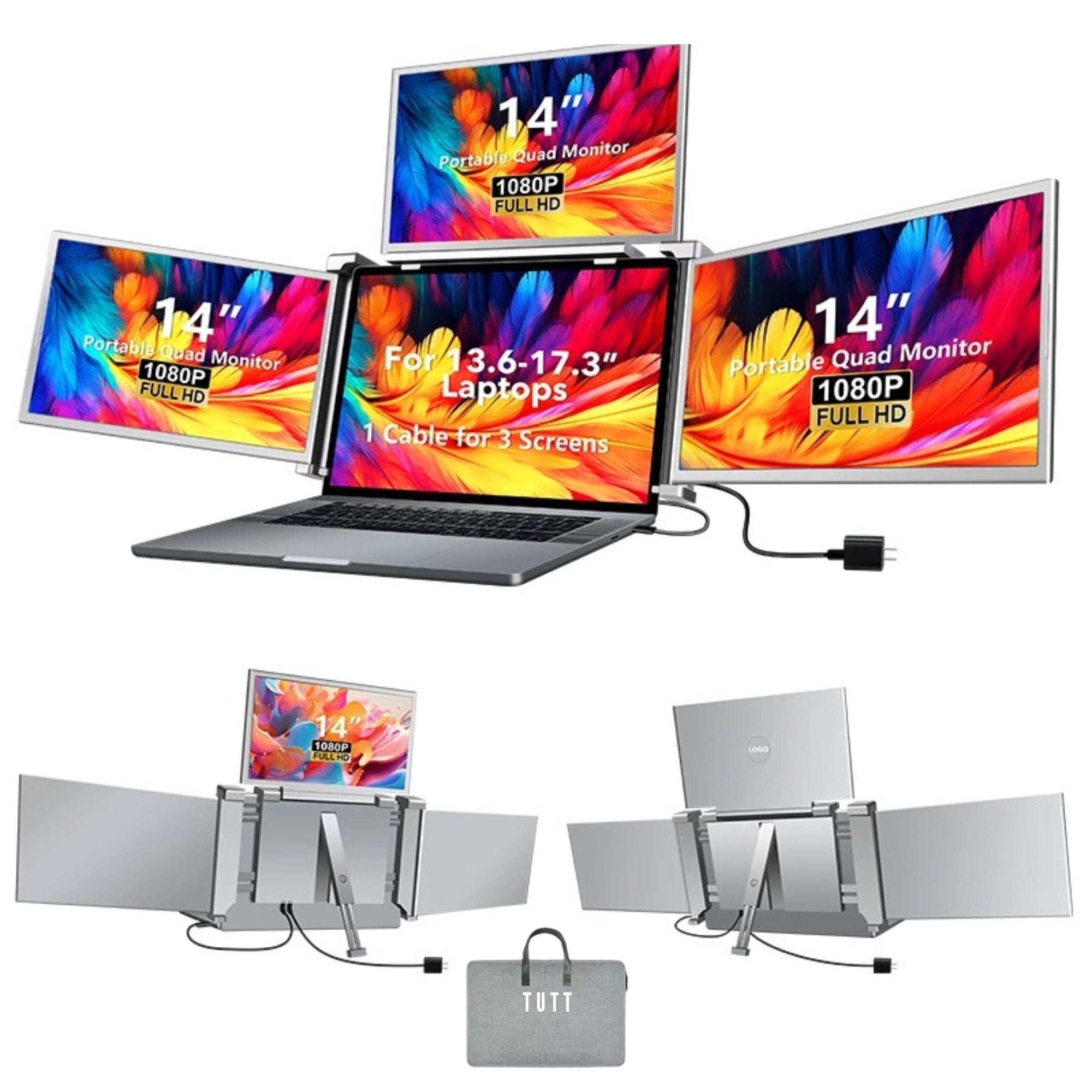 TUTT 14” Triple Portable Laptop Monitor | Single Cable Setup | FHD 1080P Quad Screen Extender | S680 | 90-Minute Technical Support