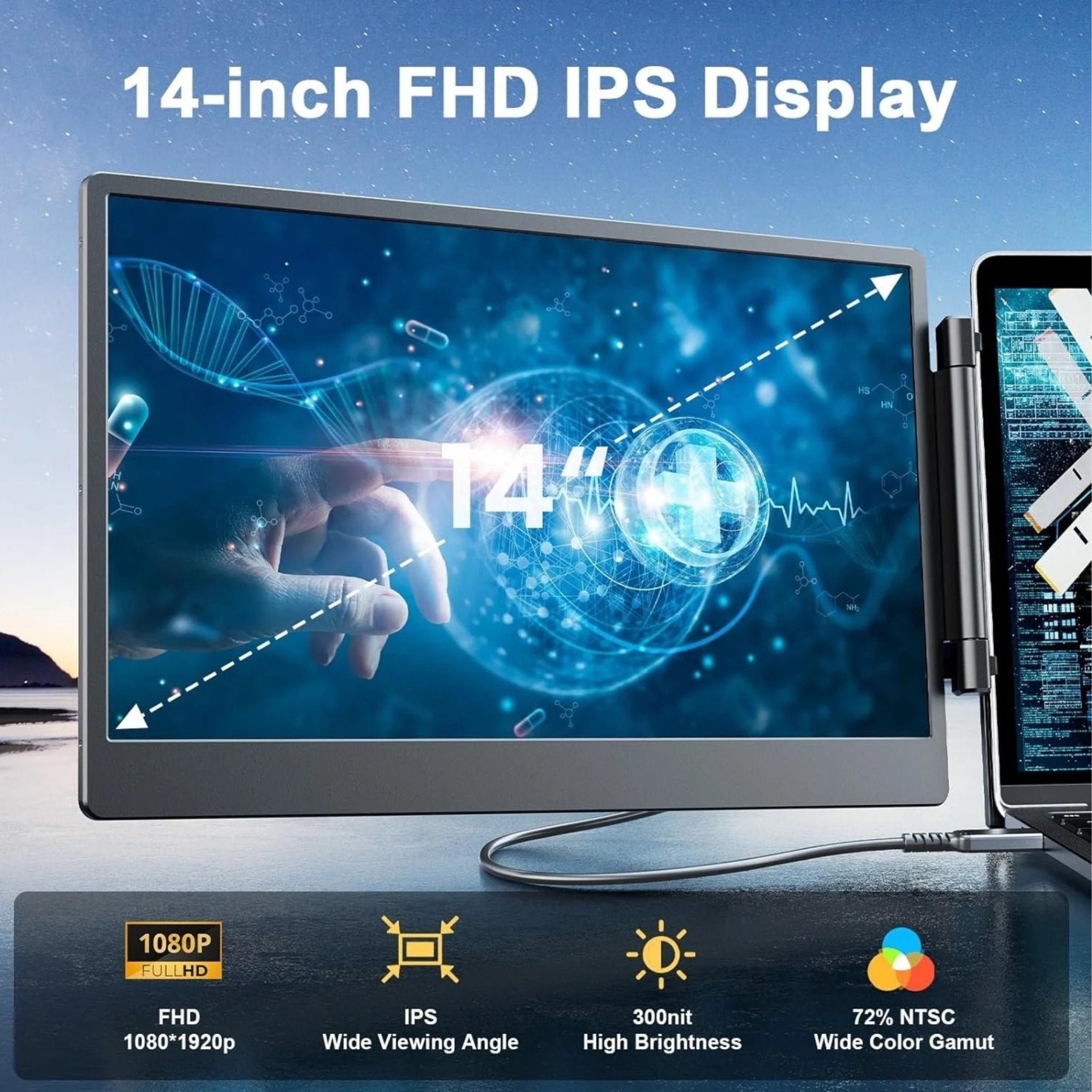 TUTT 14” FHD Dual Portable Laptop Monitor IPS Triple Screen Extender Built-in Stand and Speakers | All Devices Compatible | S3 | Technical Support in 90 Min