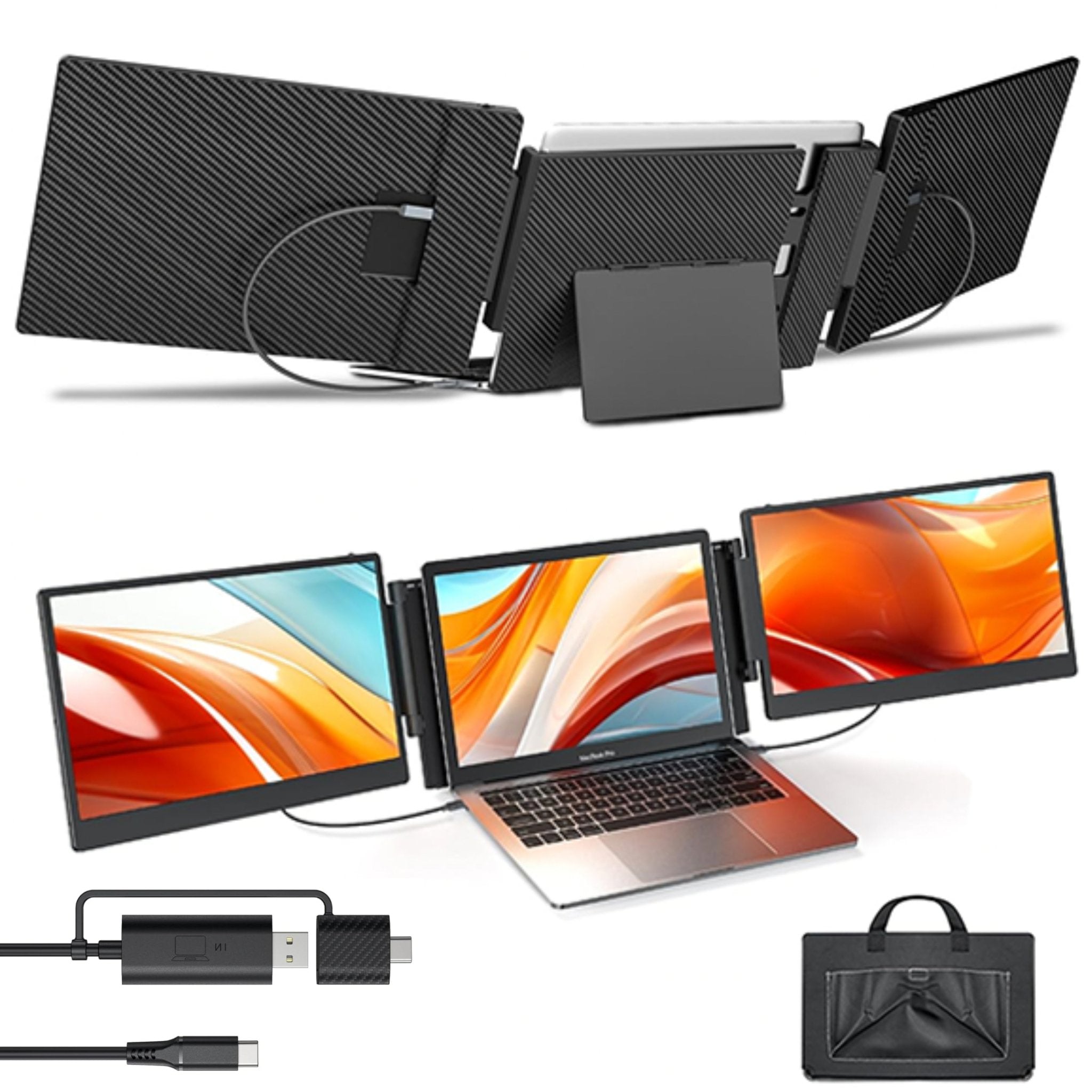 TUTT 14” FHD Dual Portable Laptop Monitor IPS Triple Screen Extender Built-in Stand and Speakers | All Devices Compatible | S3 | Technical Support in 90 Min